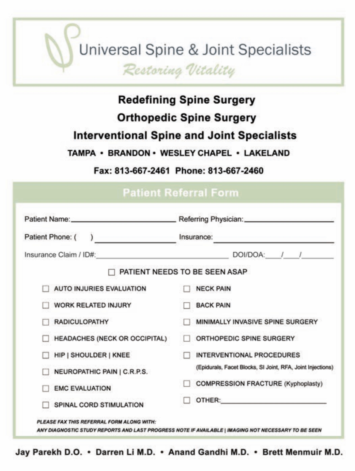 Referral Forms Universal Spine and Joint Specialists