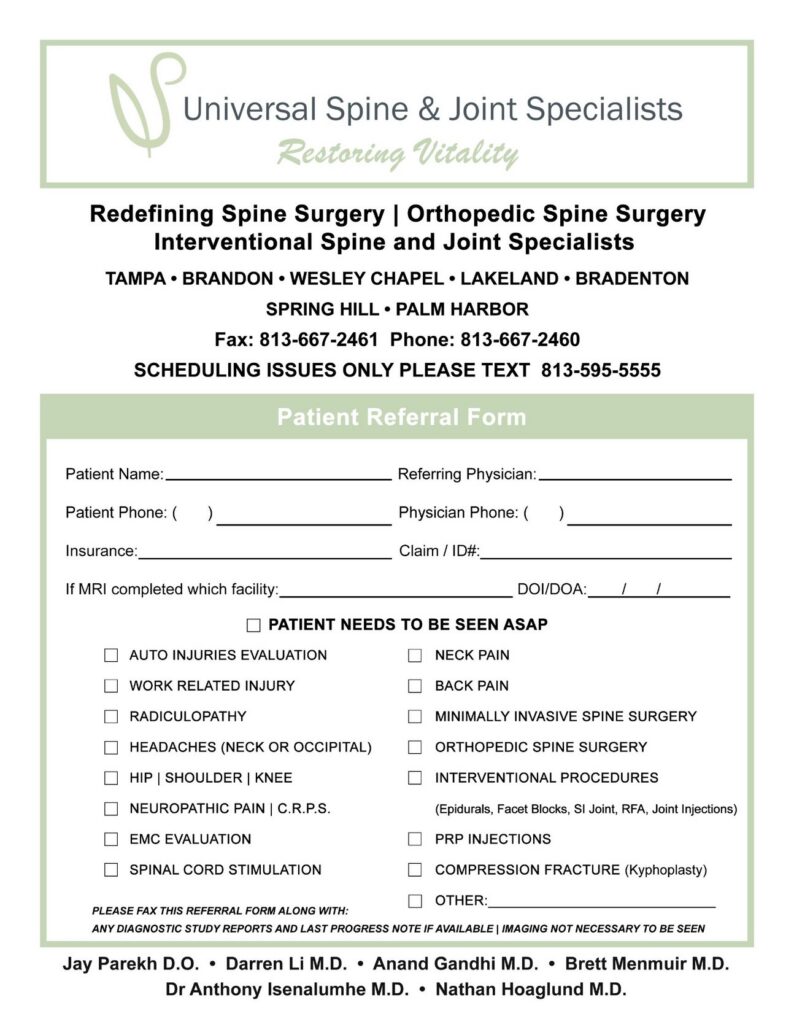Universal Spine & Joint Specialists Patient Referral Form 2026